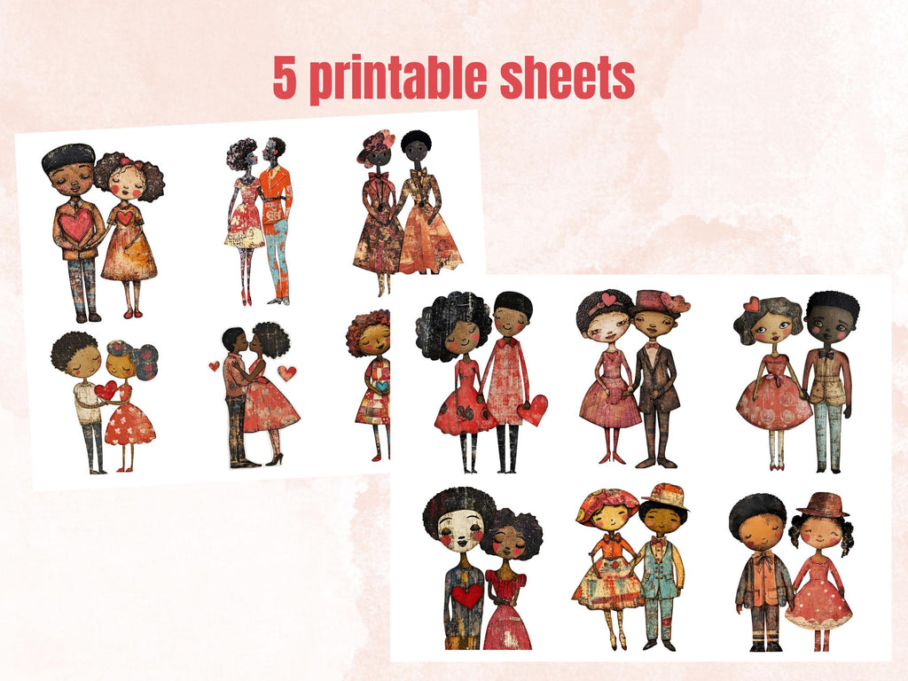 Valentines Day Afro Couple Doll Mixed Media Clipart, Valentine Black People Fussy Cut Sheet, Cut Out Ephemera, PNG + JPG Scrapbooking
