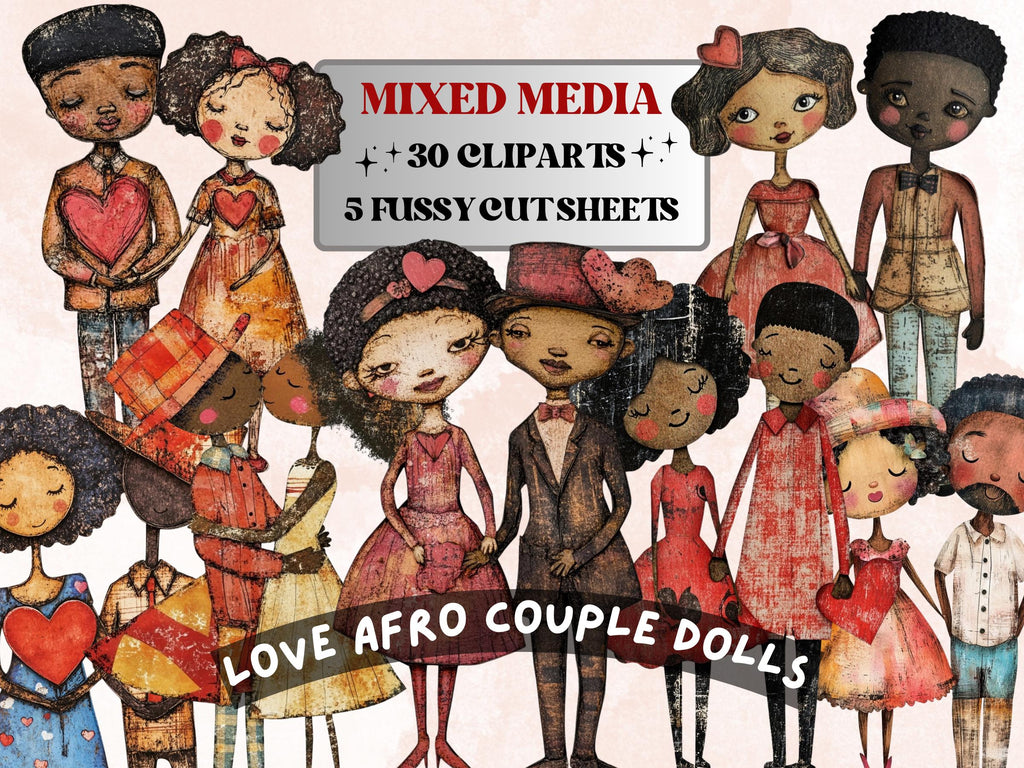 Valentines Day Afro Couple Doll Mixed Media Clipart, Valentine Black People Fussy Cut Sheet, Cut Out Ephemera, PNG + JPG Scrapbooking