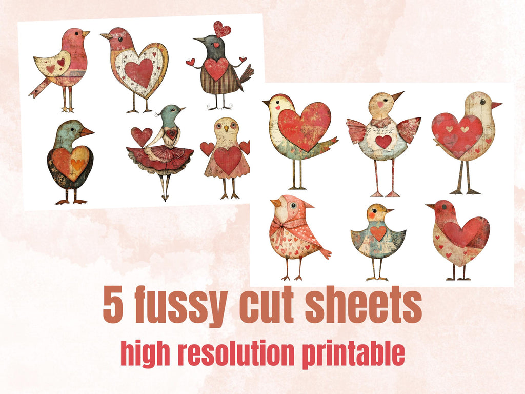 Valentines Day Bird Doll Mixed Media Clipart, Valentine Birds Fussy Cut Collage Sheet, Quirky Cut Out Ephemera, PNG + JPG for Scrapbooking