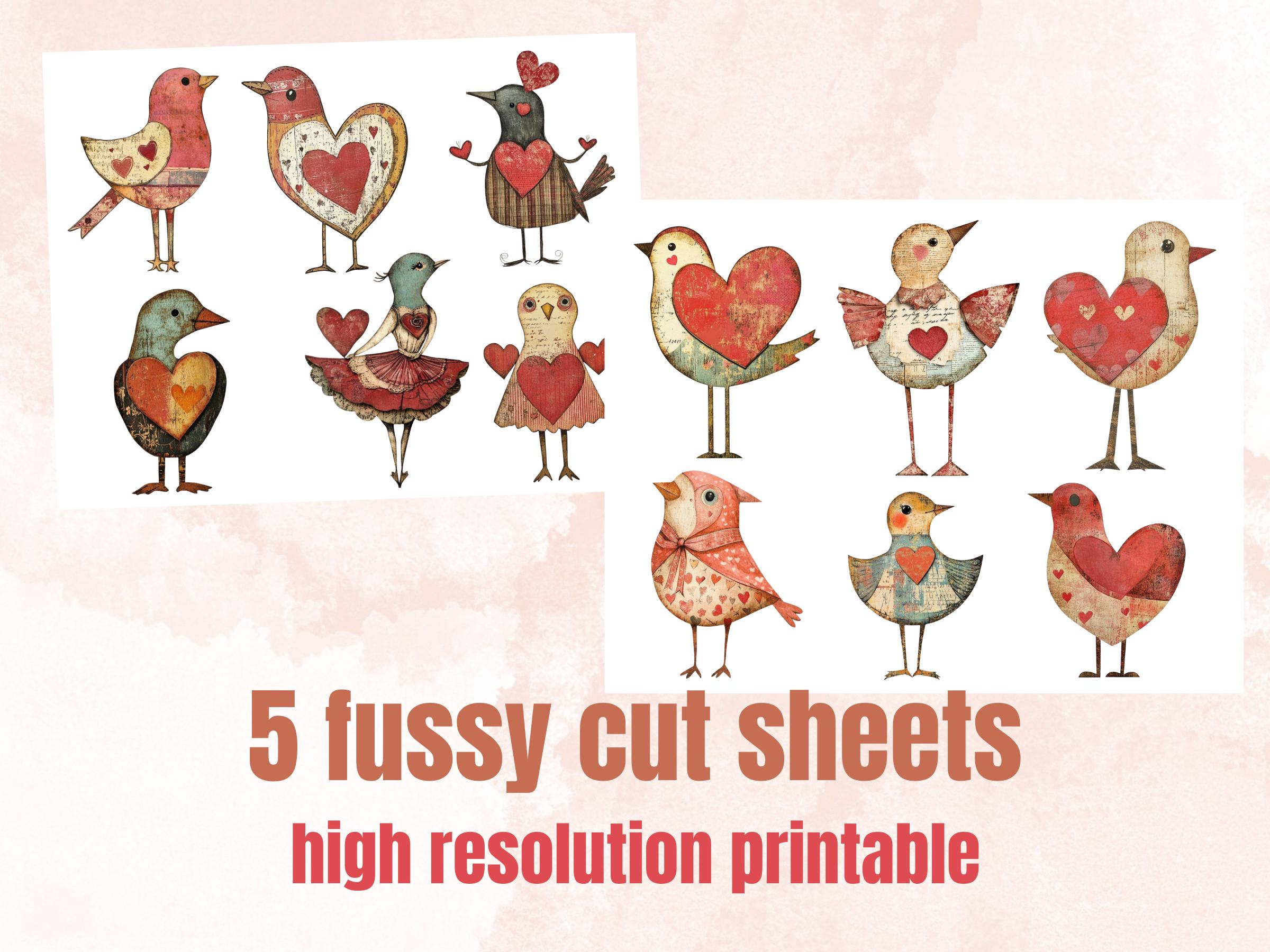 Valentines Day Bird Doll Mixed Media Clipart, Valentine Birds Fussy Cut Collage Sheet, Quirky Cut Out Ephemera, PNG + JPG for Scrapbooking