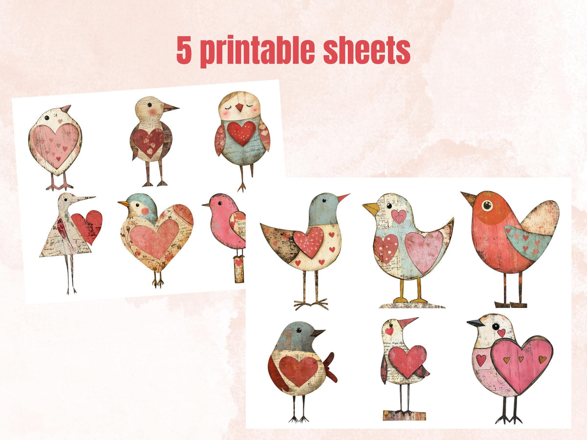Valentines Day Bird Doll Mixed Media Clipart, Valentine Birds Fussy Cut Collage Sheet, Quirky Cut Out Ephemera, PNG + JPG for Scrapbooking