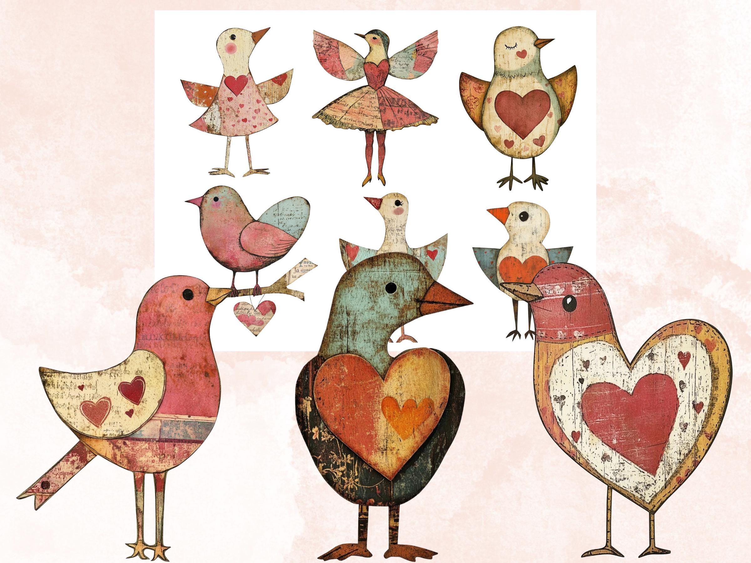 Valentines Day Bird Doll Mixed Media Clipart, Valentine Birds Fussy Cut Collage Sheet, Quirky Cut Out Ephemera, PNG + JPG for Scrapbooking