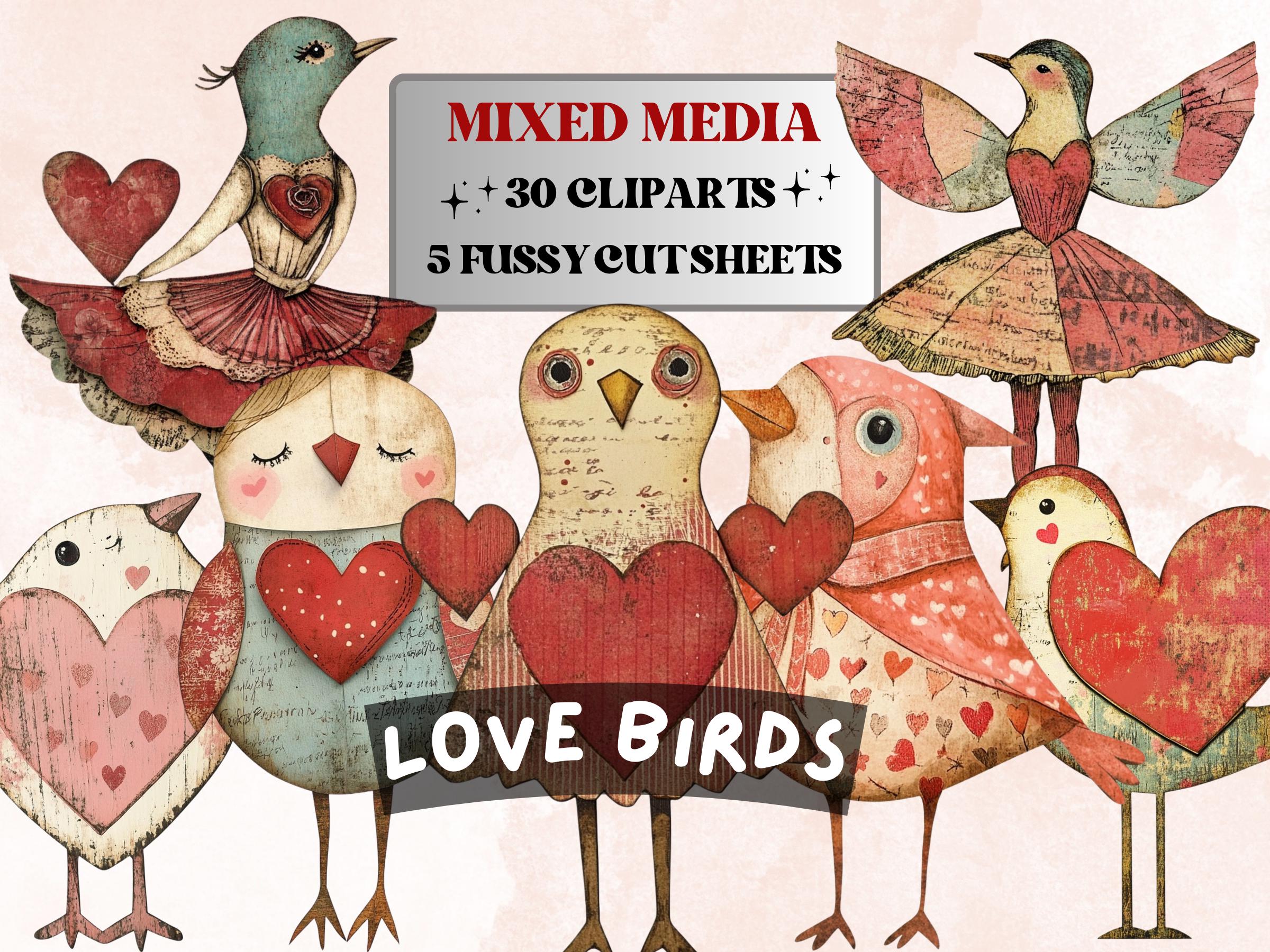 Valentines Day Bird Doll Mixed Media Clipart, Valentine Birds Fussy Cut Collage Sheet, Quirky Cut Out Ephemera, PNG + JPG for Scrapbooking