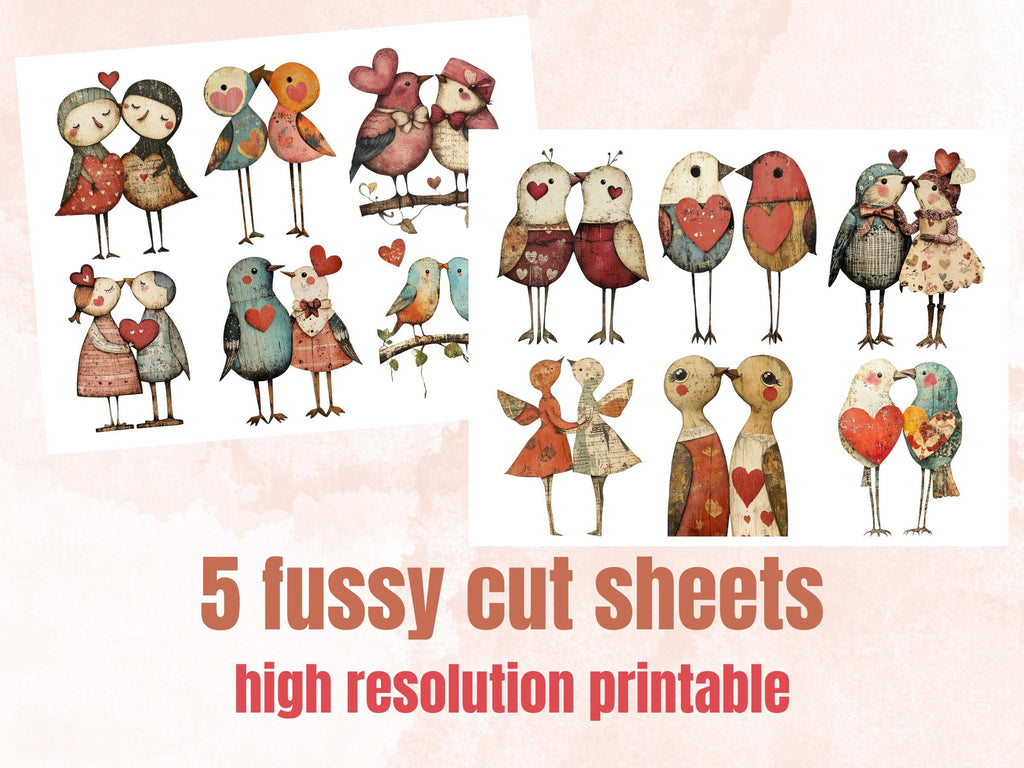 Valentines Day Bird Couple Mixed Media Clipart, Valentine Birds Fussy Cut Collage Sheet, Quirky Cut Out Ephemera, PNG + JPG for Scrapbooking