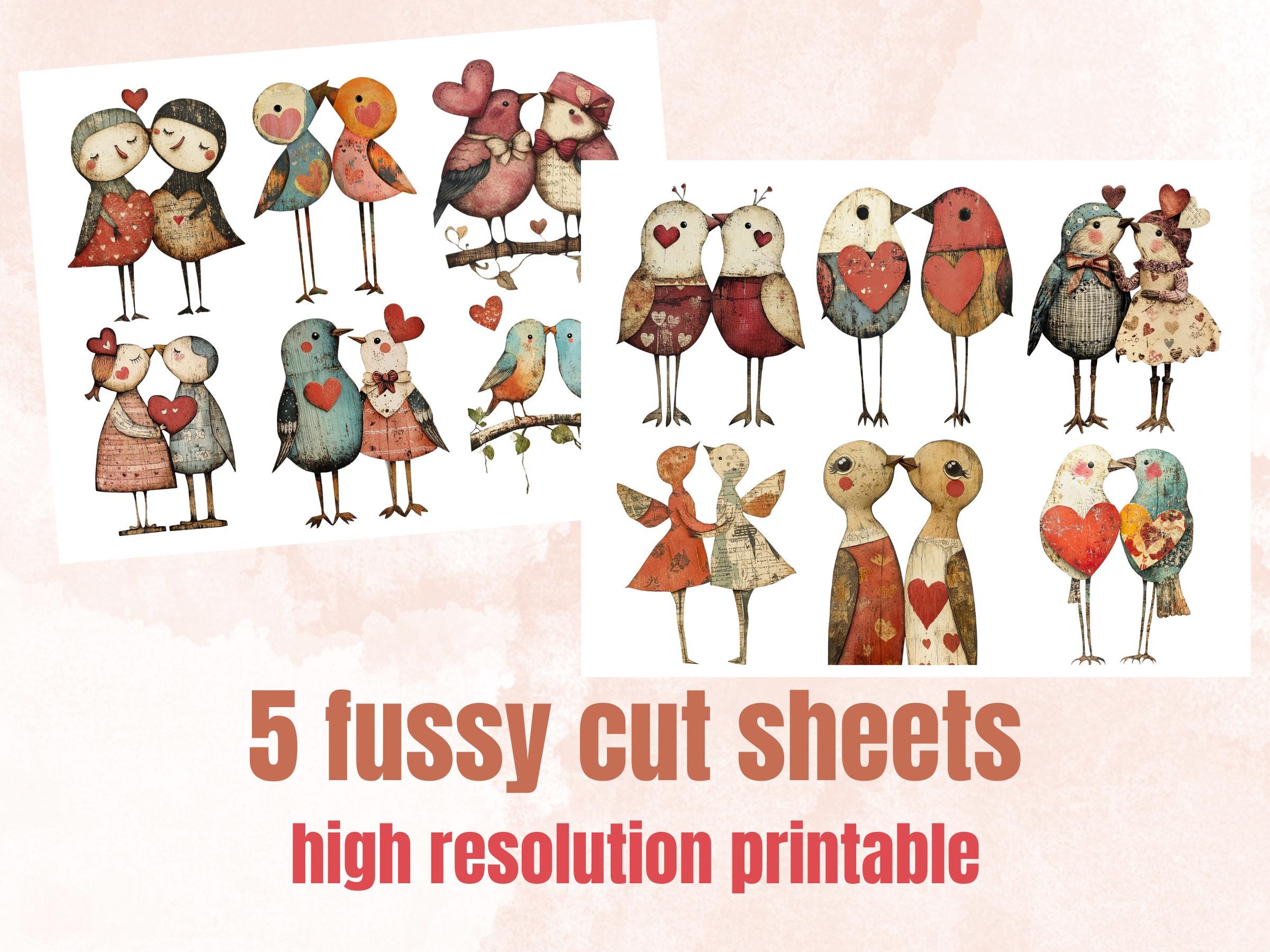 Valentines Day Bird Couple Mixed Media Clipart, Valentine Birds Fussy Cut Collage Sheet, Quirky Cut Out Ephemera, PNG + JPG for Scrapbooking