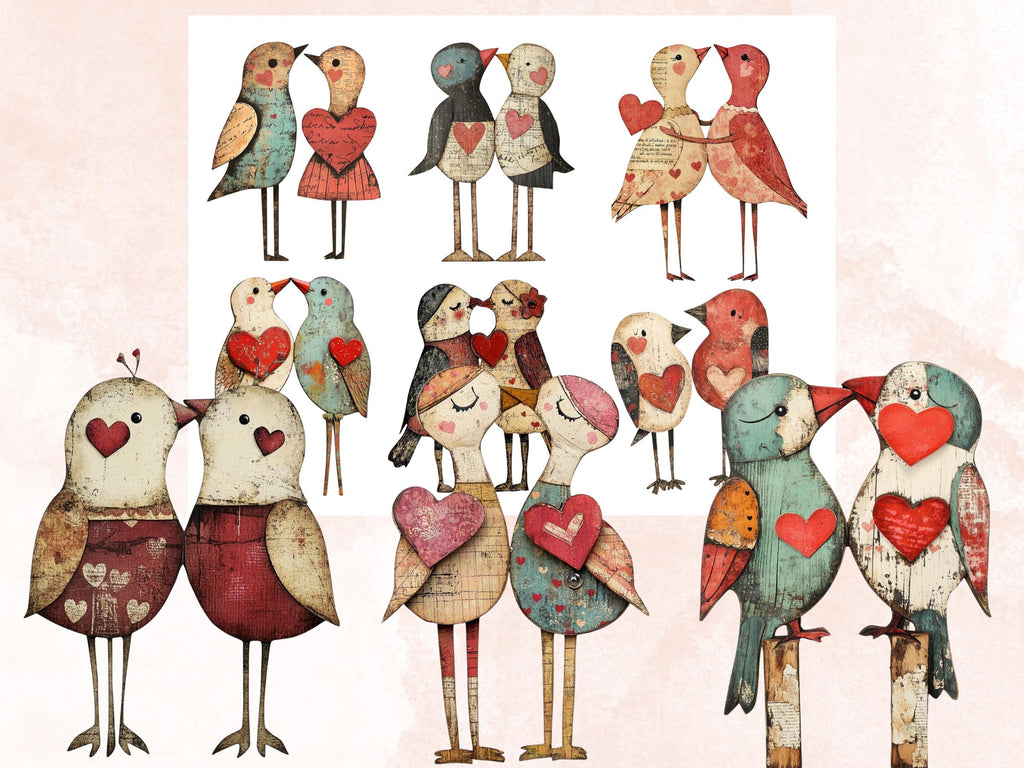 Valentines Day Bird Couple Mixed Media Clipart, Valentine Birds Fussy Cut Collage Sheet, Quirky Cut Out Ephemera, PNG + JPG for Scrapbooking