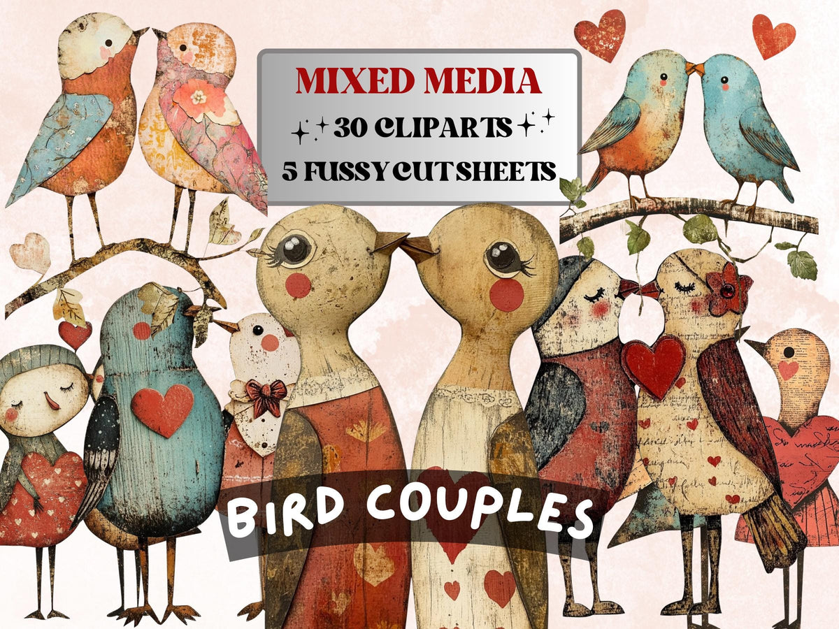Valentines Day Bird Couple Mixed Media Clipart, Valentine Birds Fussy Cut Collage Sheet, Quirky Cut Out Ephemera, PNG + JPG for Scrapbooking