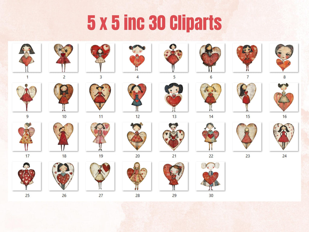 Heart Paper Doll Mixed Media Clipart, Valentines Day Girl Fussy Cut Collage Sheet, Quirky Cut Out Ephemera, PNG + JPG for Scrapbooking