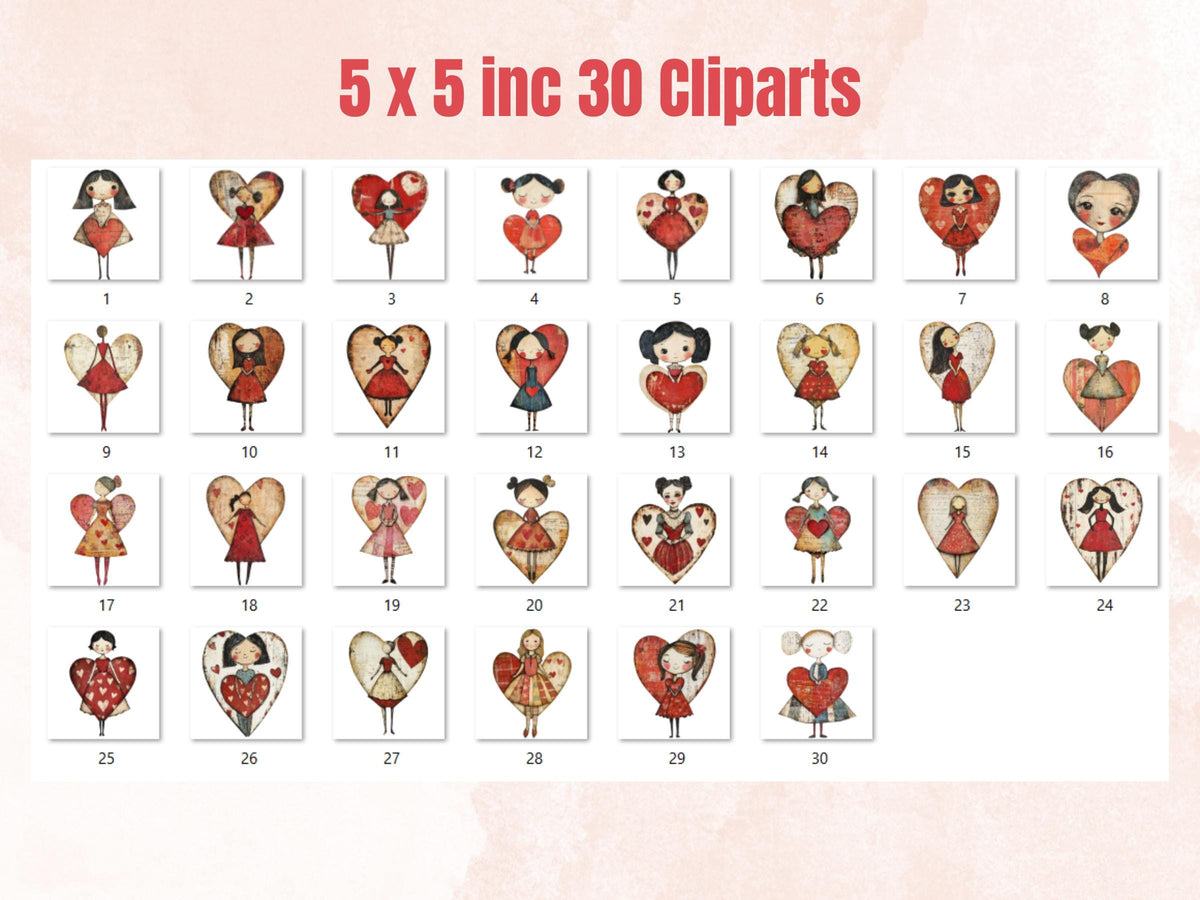 Heart Paper Doll Mixed Media Clipart, Valentines Day Girl Fussy Cut Collage Sheet, Quirky Cut Out Ephemera, PNG + JPG for Scrapbooking