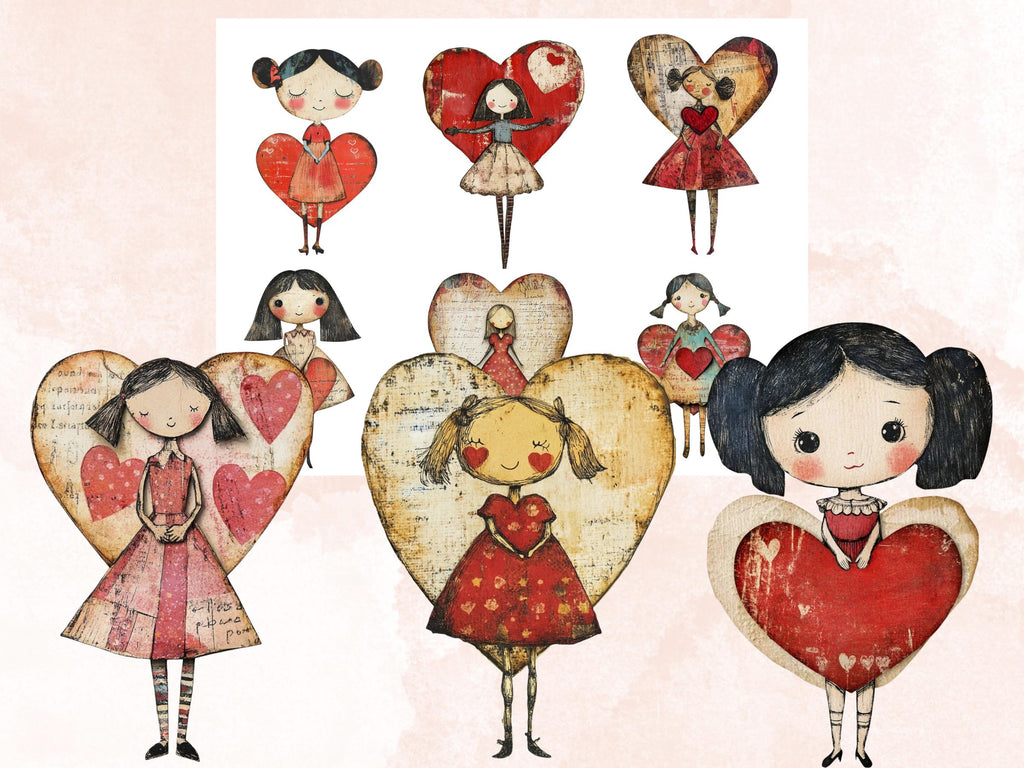 Heart Paper Doll Mixed Media Clipart, Valentines Day Girl Fussy Cut Collage Sheet, Quirky Cut Out Ephemera, PNG + JPG for Scrapbooking