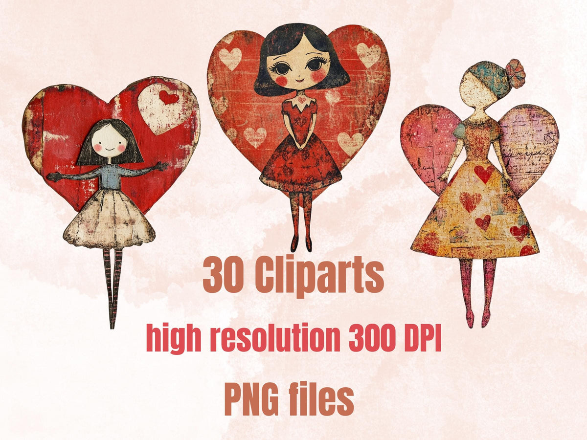 Heart Paper Doll Mixed Media Clipart, Valentines Day Girl Fussy Cut Collage Sheet, Quirky Cut Out Ephemera, PNG + JPG for Scrapbooking