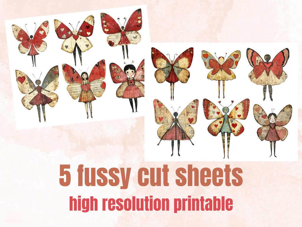 Butterfly Paper Doll Mixed Media Clipart, Valentines Day Girl Fussy Cut Collage Sheet, Quirky Cut Out Ephemera, PNG + JPG for Scrapbooking