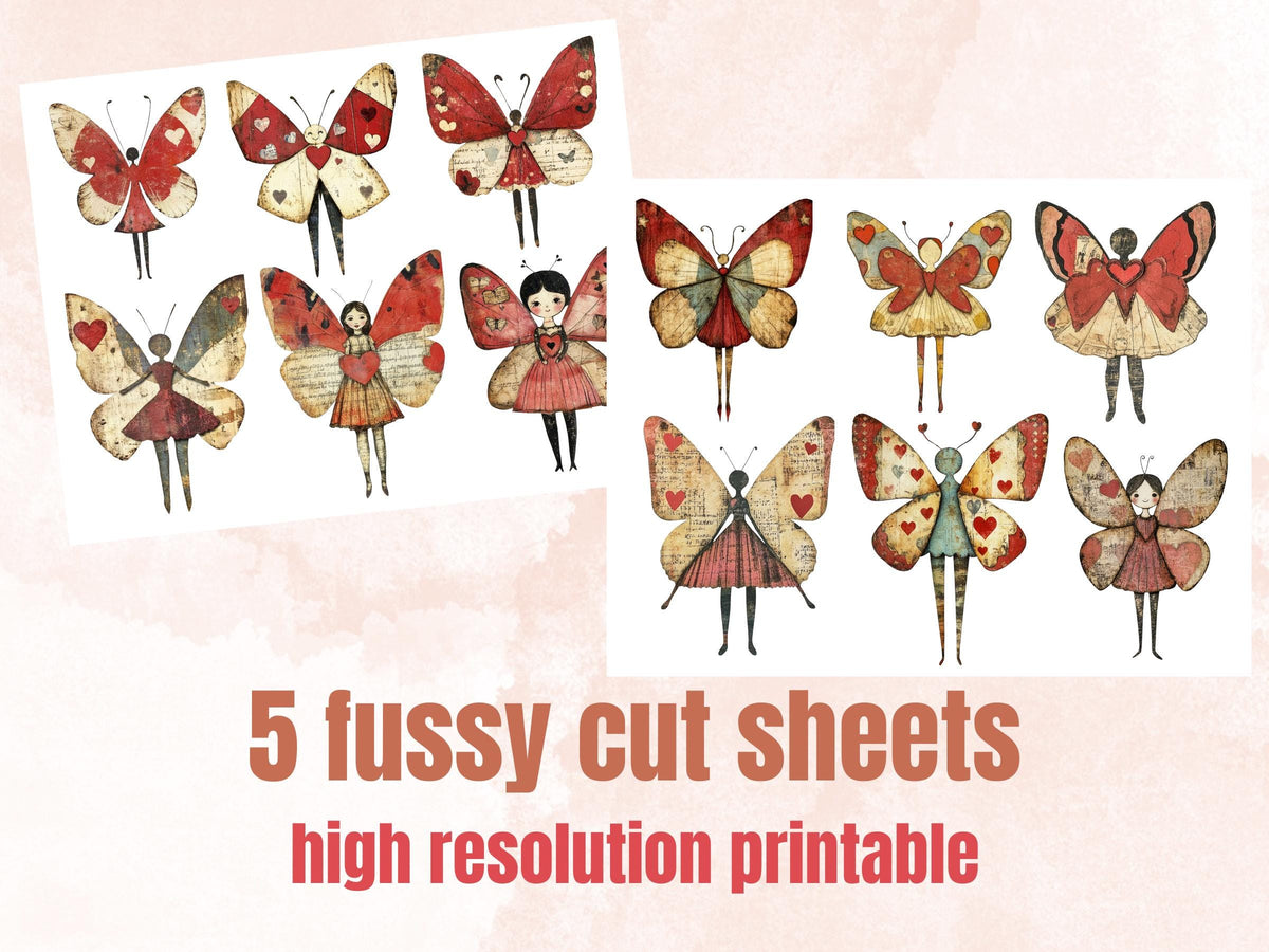 Butterfly Paper Doll Mixed Media Clipart, Valentines Day Girl Fussy Cut Collage Sheet, Quirky Cut Out Ephemera, PNG + JPG for Scrapbooking