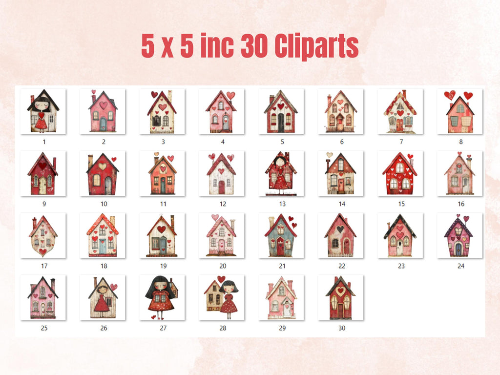 Quirky Love Houses Mixed Media Clipart, Valentines Day House Fussy Cut Collage Sheet, Whimsical Cut Out Ephemera, PNG + JPG for Scrapbooking