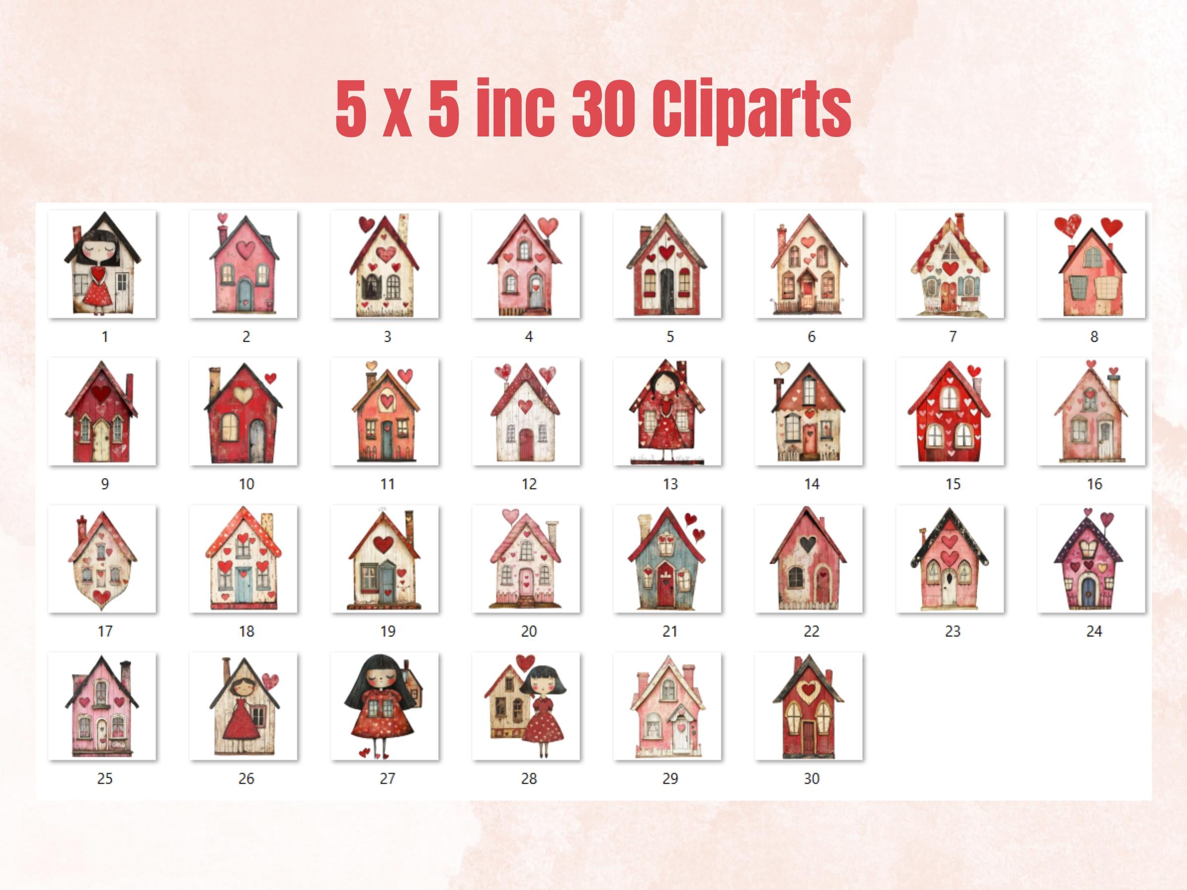 Quirky Love Houses Mixed Media Clipart, Valentines Day House Fussy Cut Collage Sheet, Whimsical Cut Out Ephemera, PNG + JPG for Scrapbooking