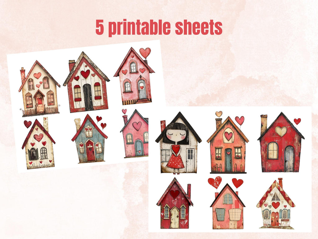Quirky Love Houses Mixed Media Clipart, Valentines Day House Fussy Cut Collage Sheet, Whimsical Cut Out Ephemera, PNG + JPG for Scrapbooking