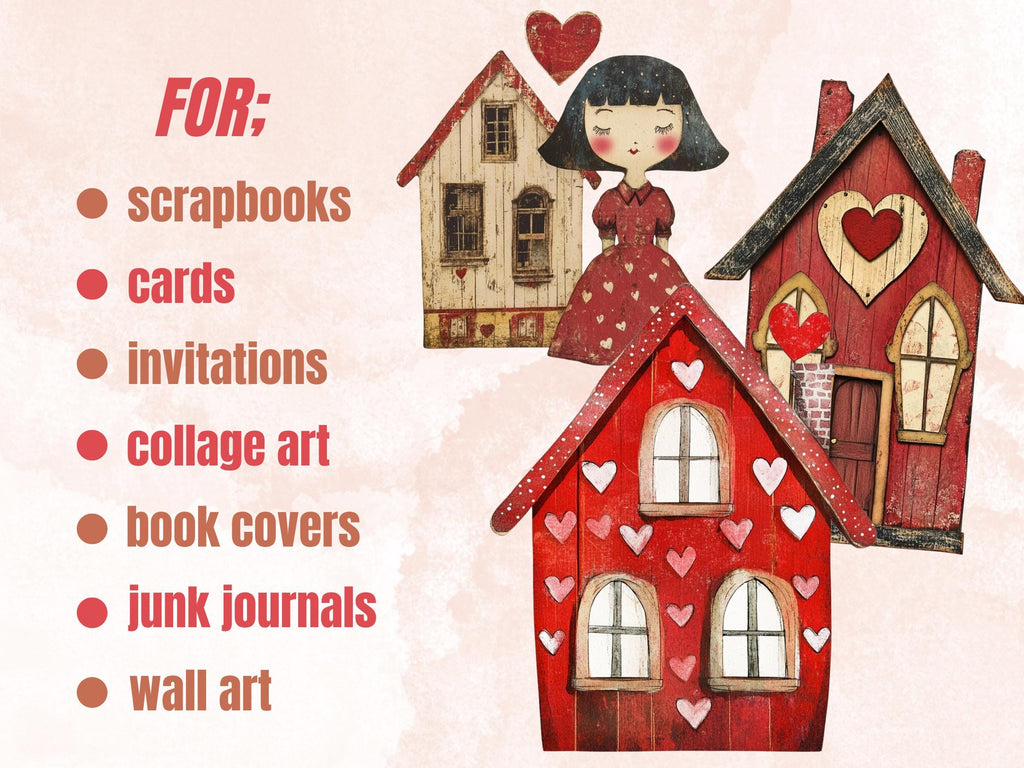 Quirky Love Houses Mixed Media Clipart, Valentines Day House Fussy Cut Collage Sheet, Whimsical Cut Out Ephemera, PNG + JPG for Scrapbooking