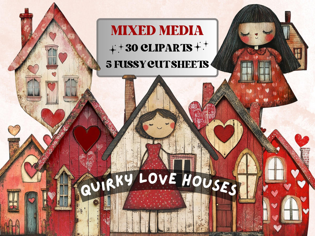 Quirky Love Houses Mixed Media Clipart, Valentines Day House Fussy Cut Collage Sheet, Whimsical Cut Out Ephemera, PNG + JPG for Scrapbooking