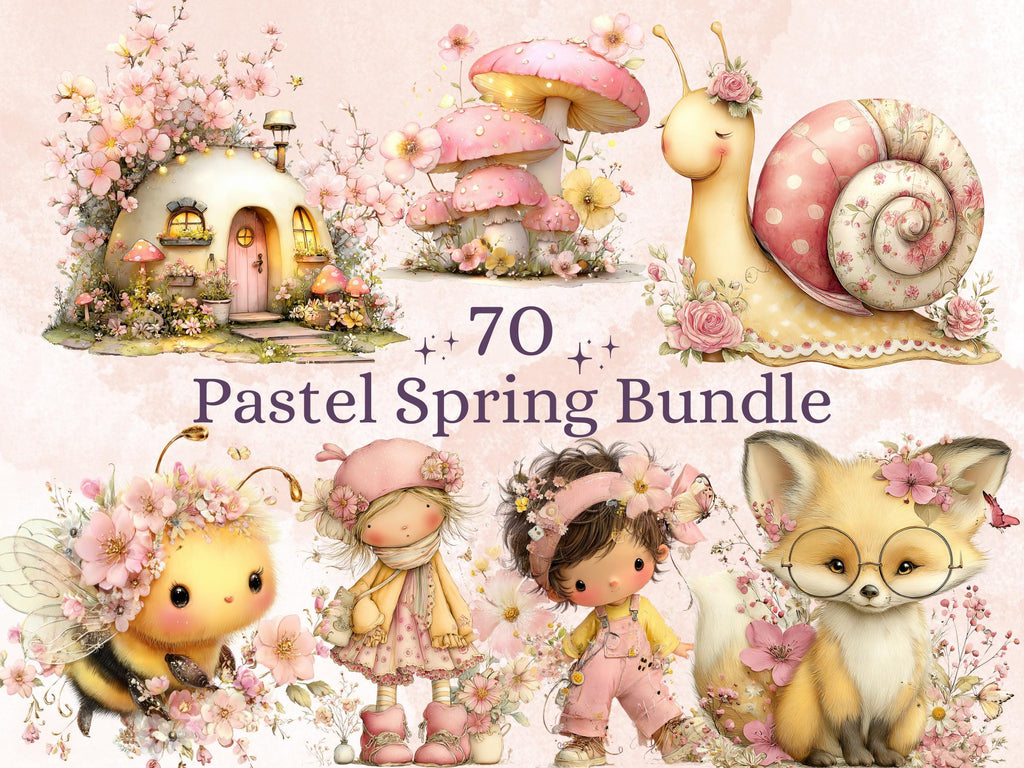 Soft Pastel Spring Clipart Bundle, Whimsical Floral Easter PNG Illustrations (Digital Download, Commercial Use)