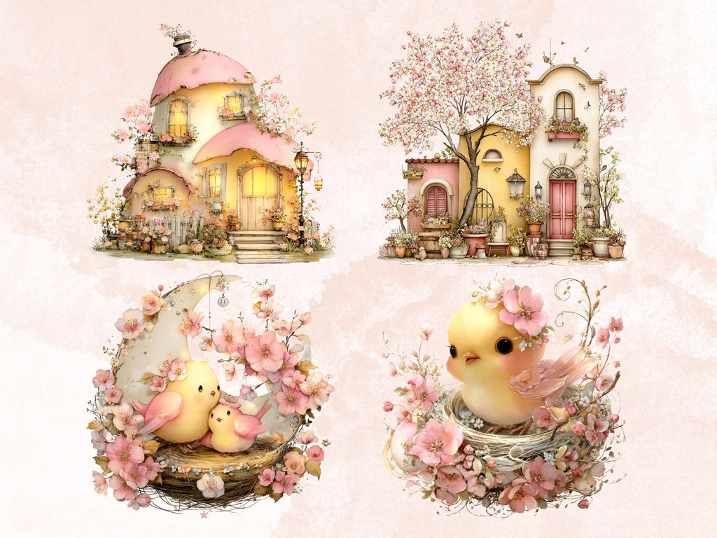 Soft Pastel Spring Clipart Bundle, Whimsical Floral Easter PNG Illustrations (Digital Download, Commercial Use)