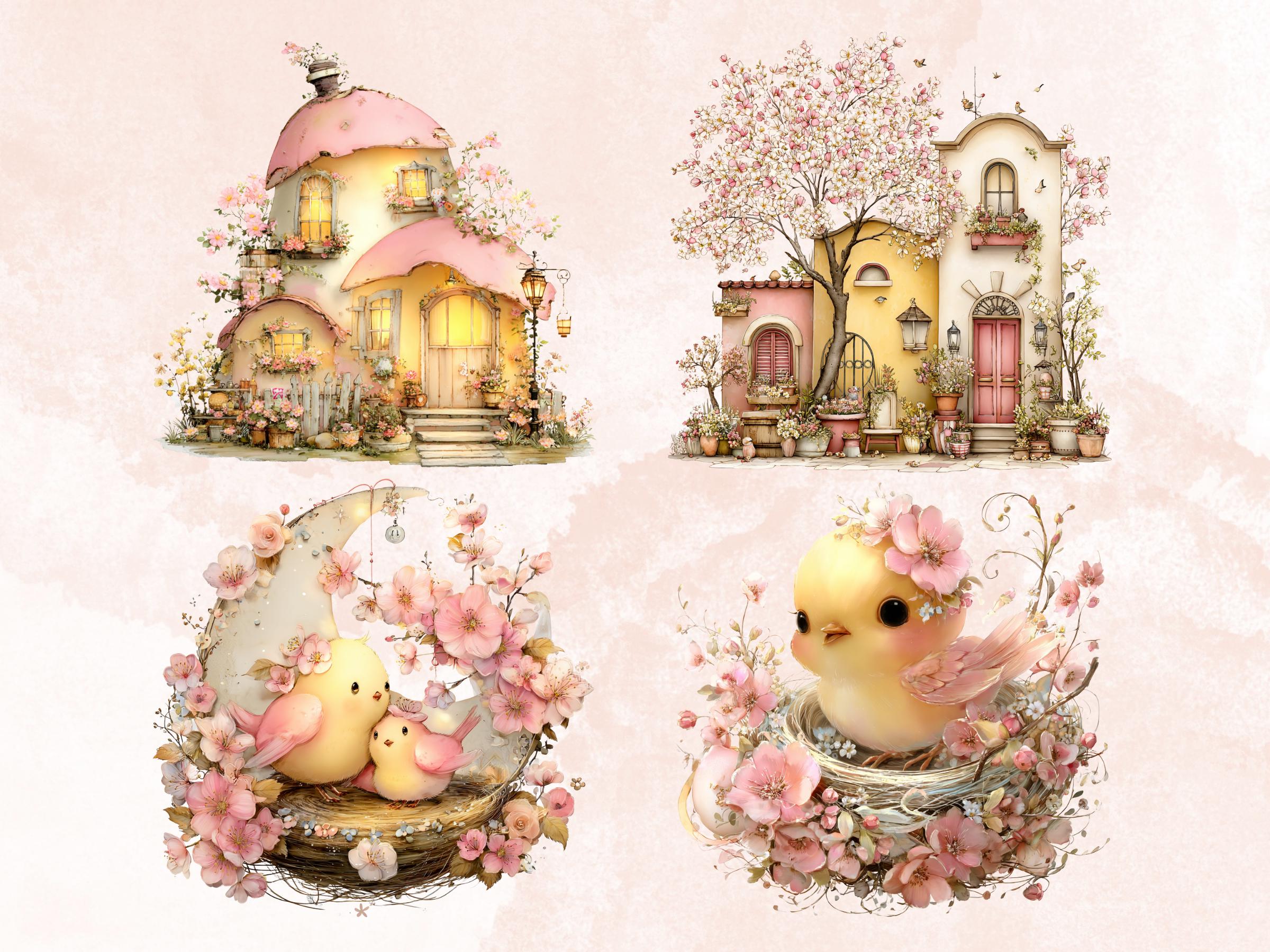 Soft Pastel Spring Clipart Bundle, Whimsical Floral Easter PNG Illustrations (Digital Download, Commercial Use)