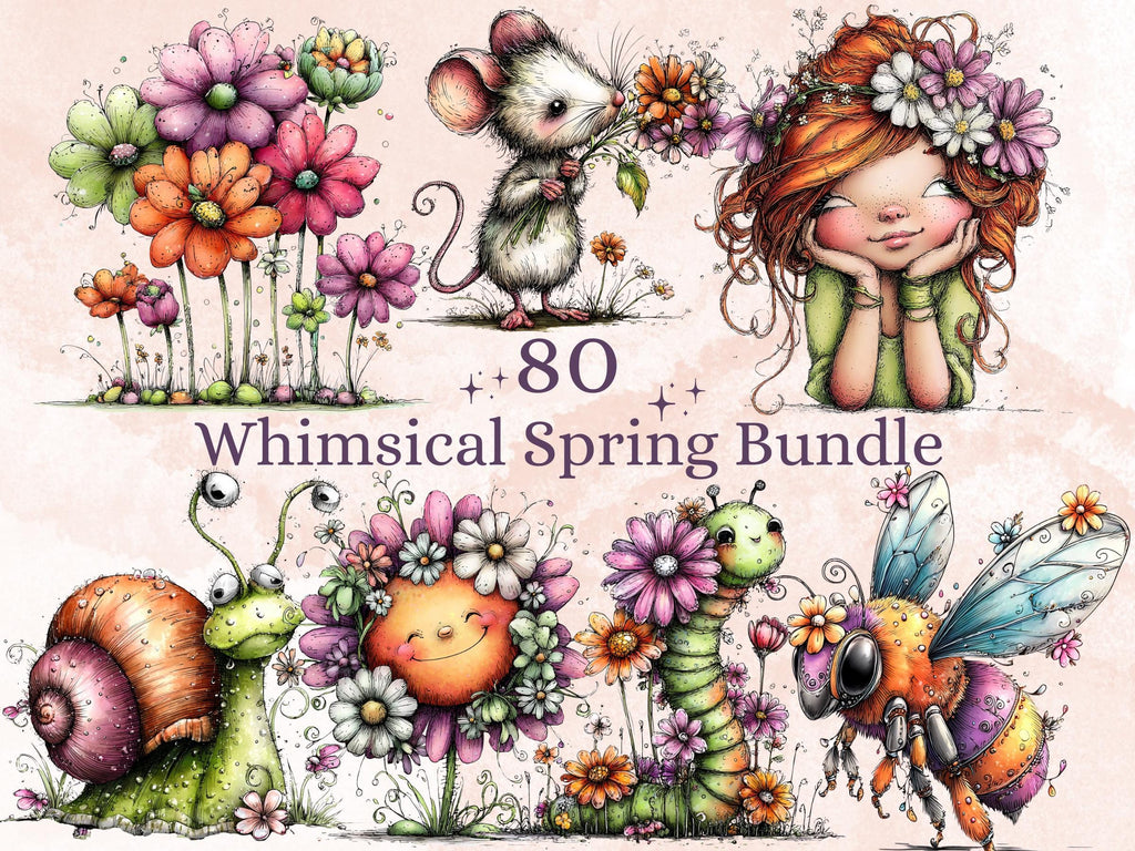 Whimsical Spring Clipart Bundle, Quirky Floral Easter PNG Illustrations (Digital Download, Commercial Use)