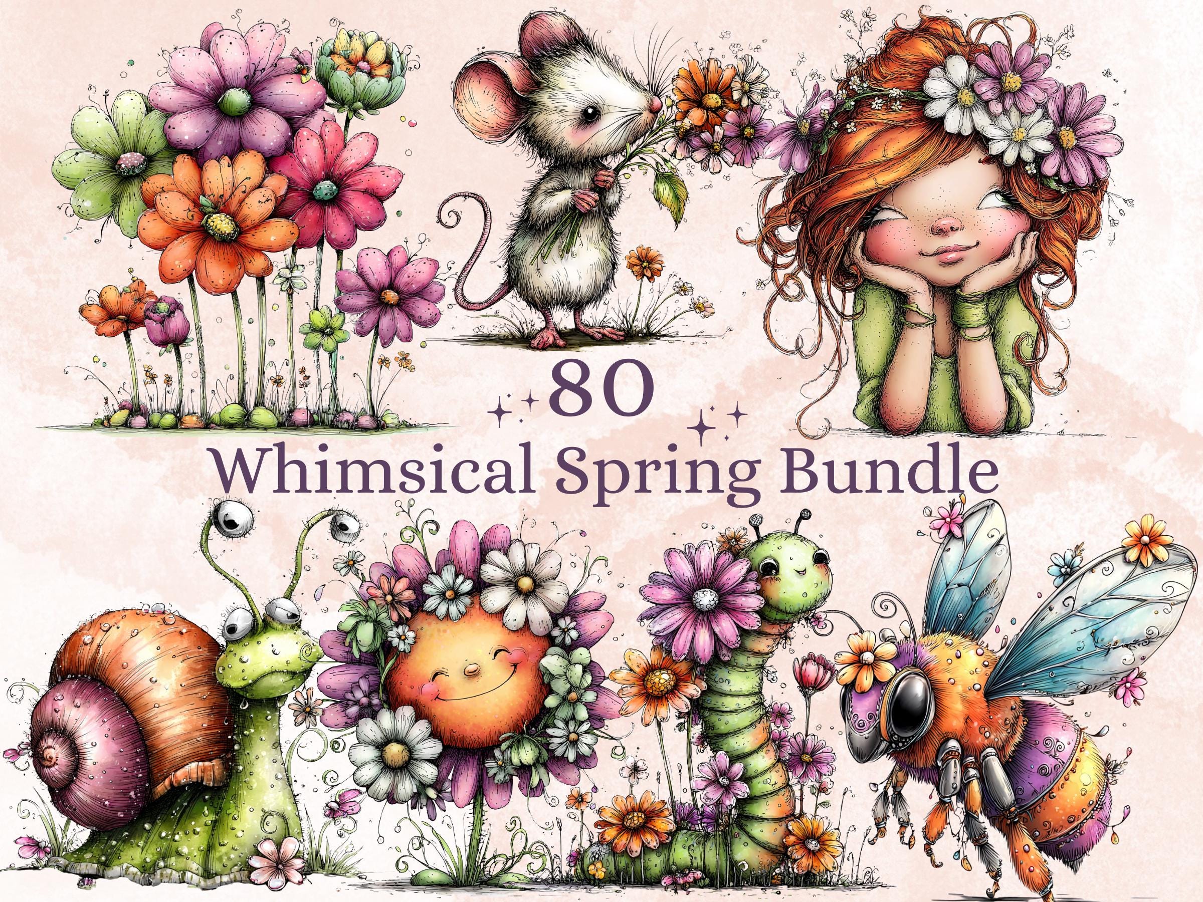 Whimsical Spring Clipart Bundle, Quirky Floral Easter PNG Illustrations (Digital Download, Commercial Use)