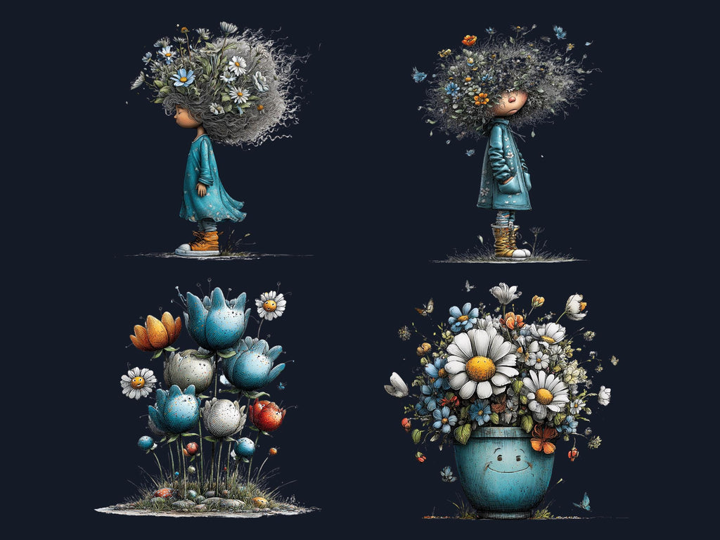 Elegant Blue Spring Clipart Bundle, Whimsical Quirky Easter PNG Illustrations (Digital Download, Commercial Use)