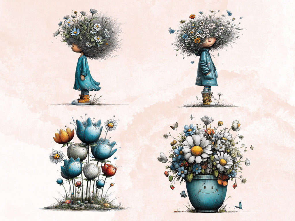 Elegant Blue Spring Clipart Bundle, Whimsical Quirky Easter PNG Illustrations (Digital Download, Commercial Use)