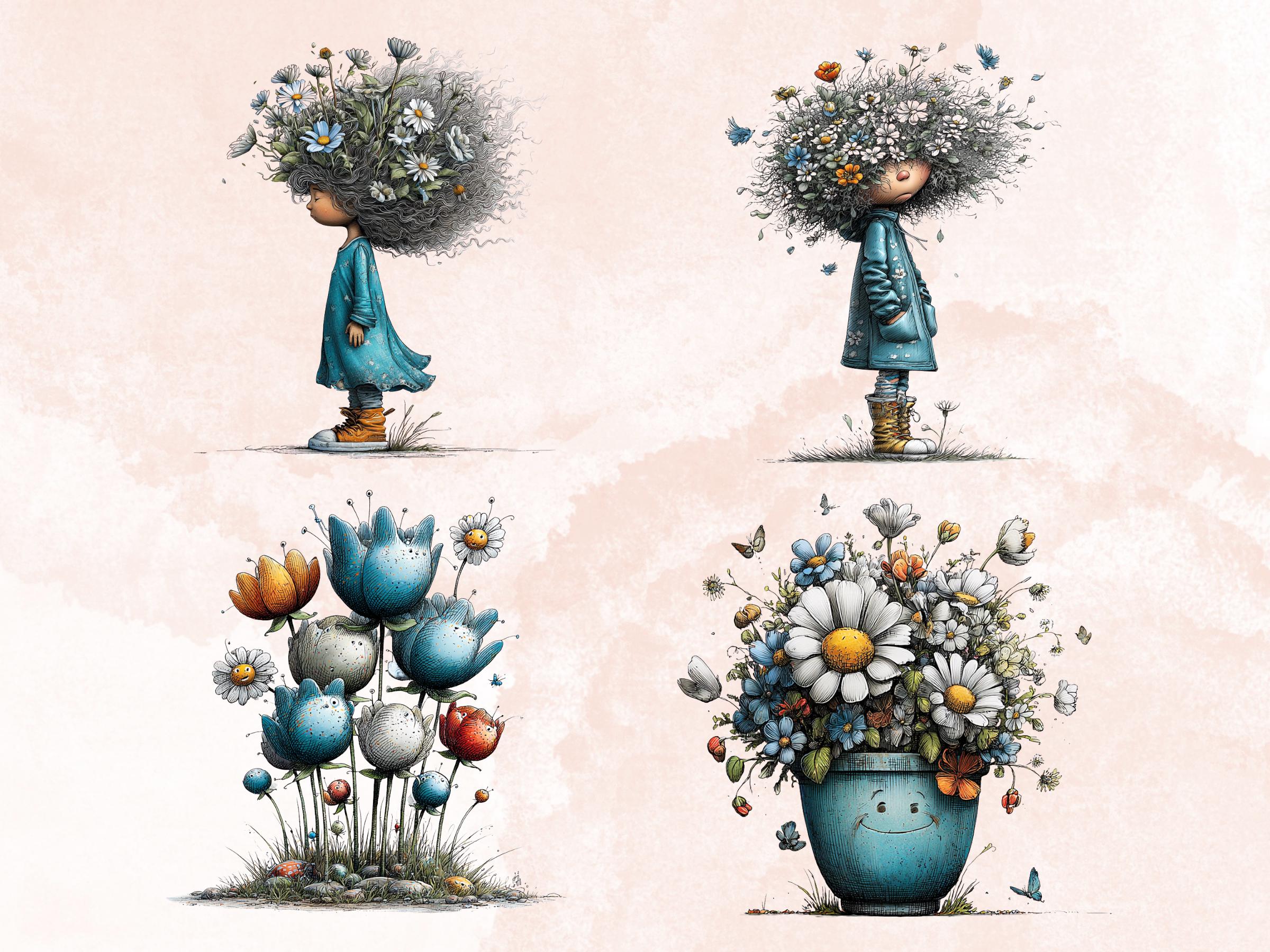 Elegant Blue Spring Clipart Bundle, Whimsical Quirky Easter PNG Illustrations (Digital Download, Commercial Use)