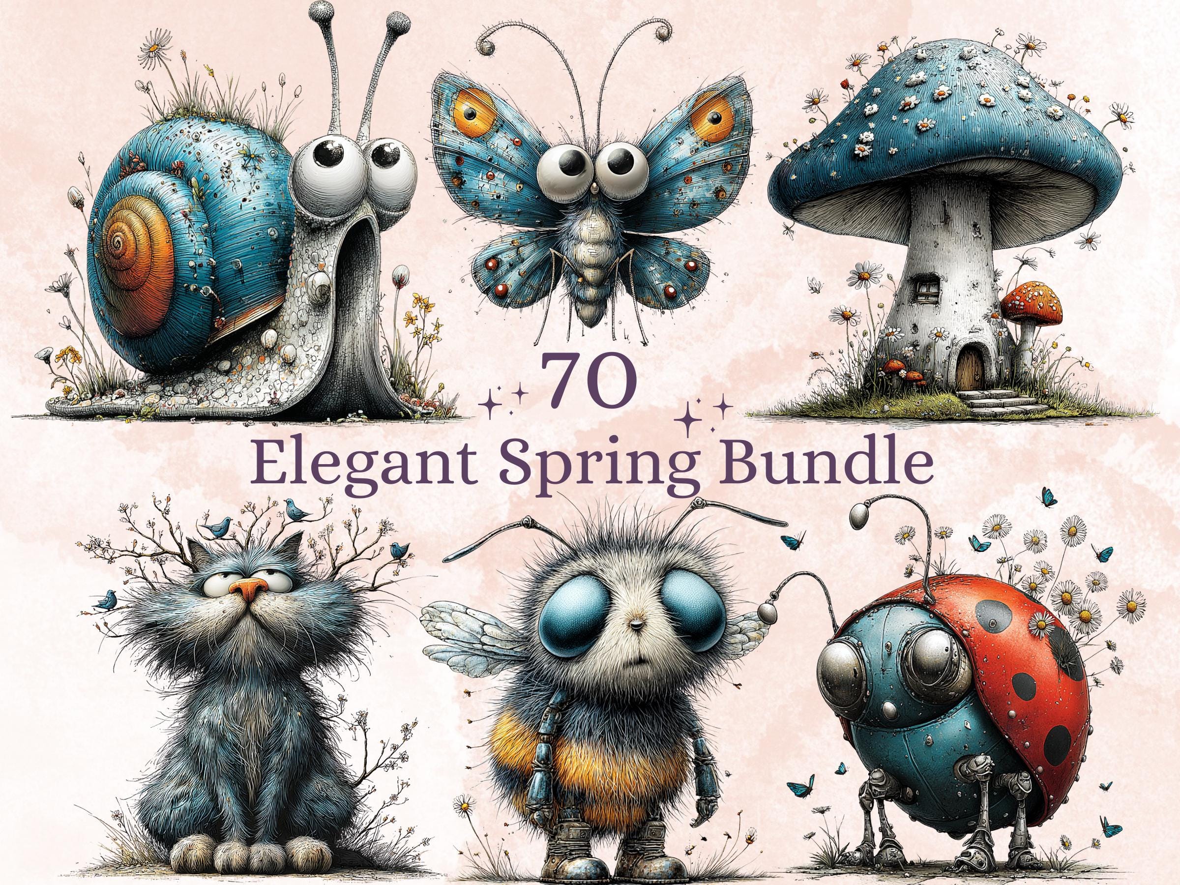Elegant Blue Spring Clipart Bundle, Whimsical Quirky Easter PNG Illustrations (Digital Download, Commercial Use)