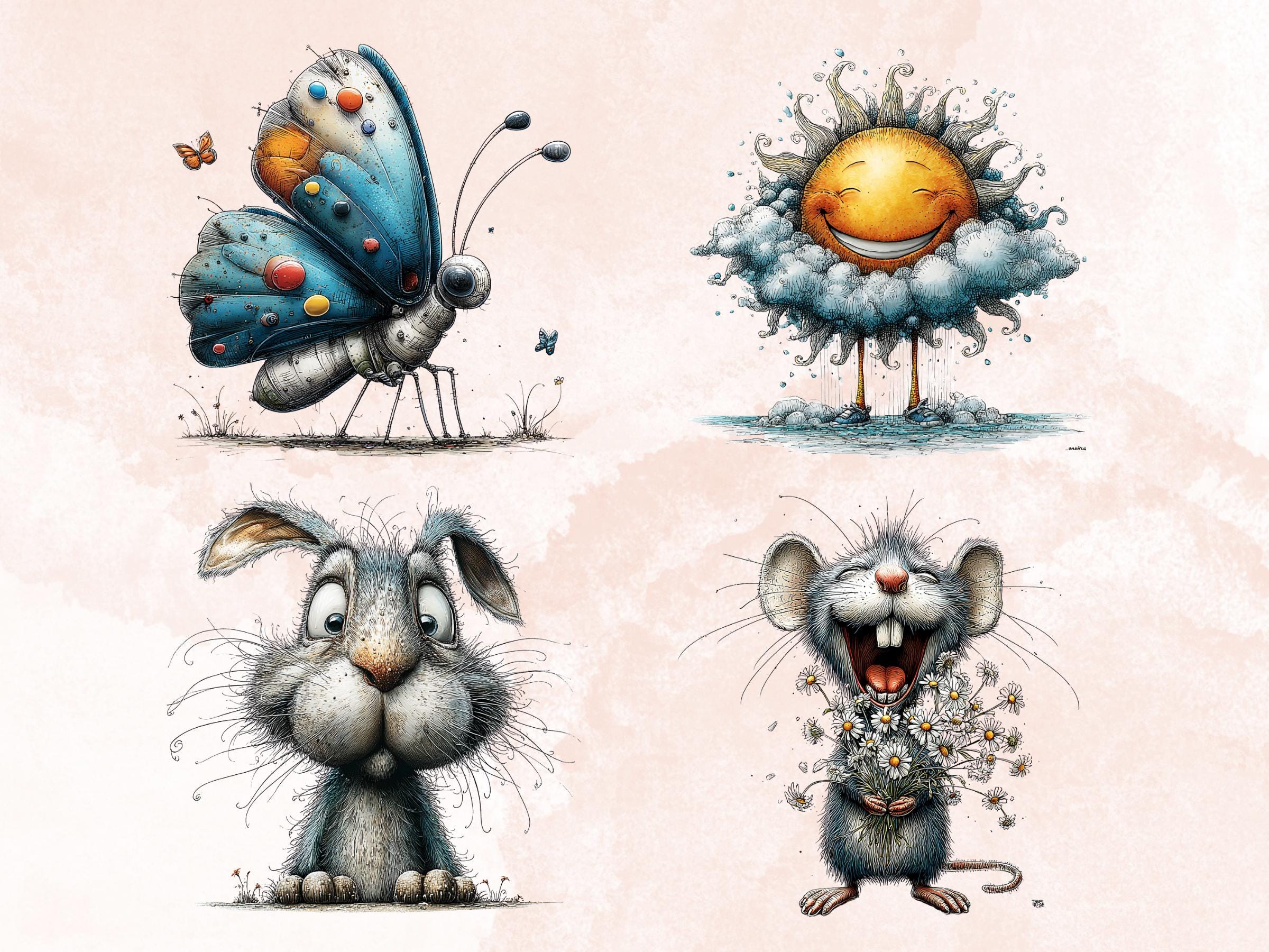 Elegant Blue Spring Clipart Bundle, Whimsical Quirky Easter PNG Illustrations (Digital Download, Commercial Use)