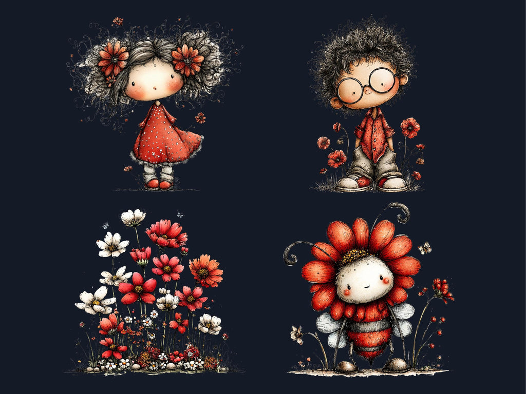 Whimsical Red Spring Clipart Bundle, Quirky Floral Easter PNG Illustrations (Digital Download, Commercial Use)