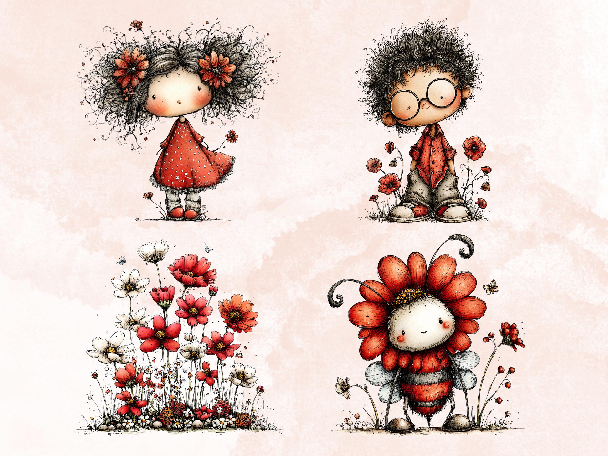 Whimsical Red Spring Clipart Bundle, Quirky Floral Easter PNG Illustrations (Digital Download, Commercial Use)