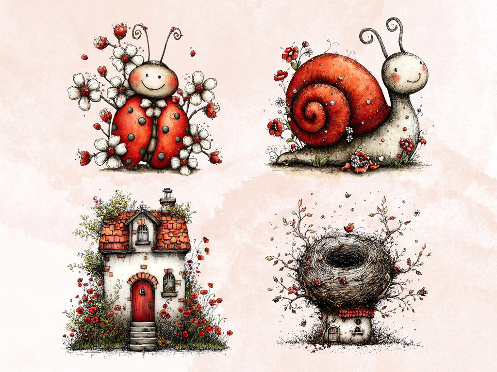 Whimsical Red Spring Clipart Bundle, Quirky Floral Easter PNG Illustrations (Digital Download, Commercial Use)