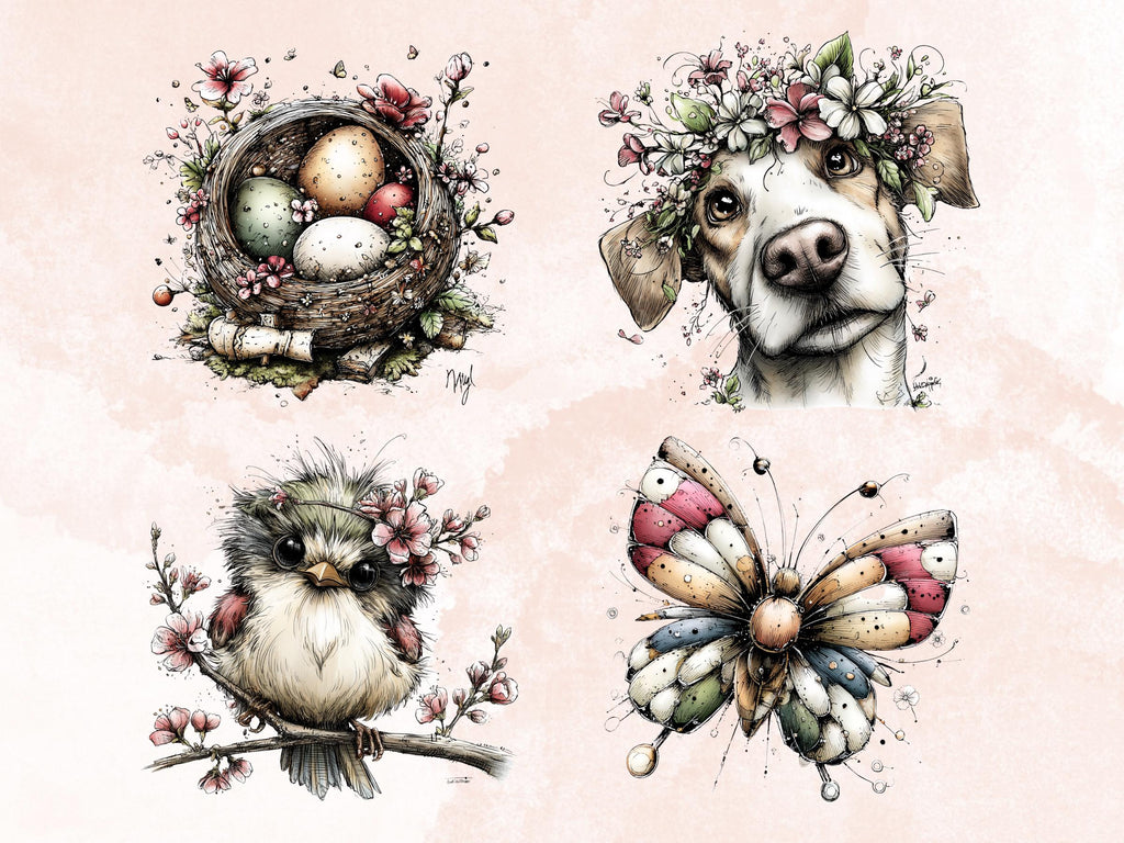 Whimsical Boho Spring Clipart Bundle, Floral Bohemian Easter PNG Illustrations (Digital Download, Commercial Use)