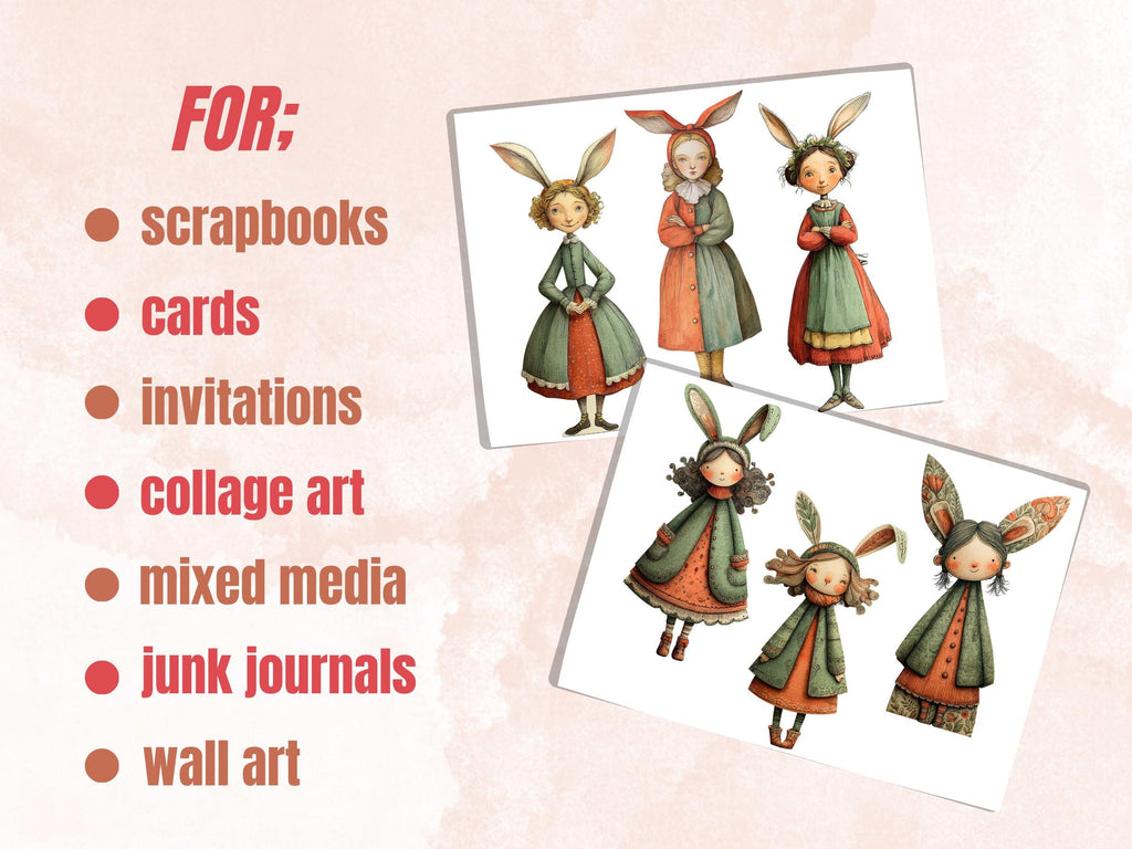 Whimsical Bunny Girl Fussy Cut Bundle, 53 Spring Bunny Girls, Pastel Ephemera for Junk Journal Scrapbook Sheets