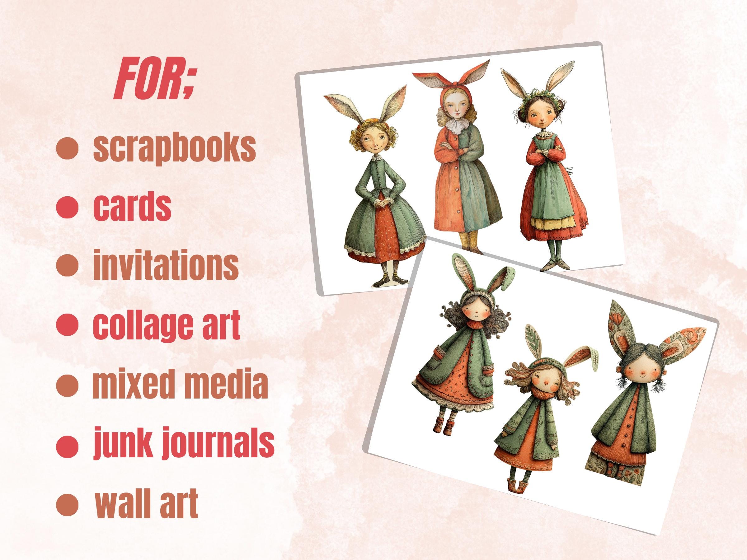 Whimsical Bunny Girl Fussy Cut Bundle, 53 Spring Bunny Girls, Pastel Ephemera for Junk Journal Scrapbook Sheets