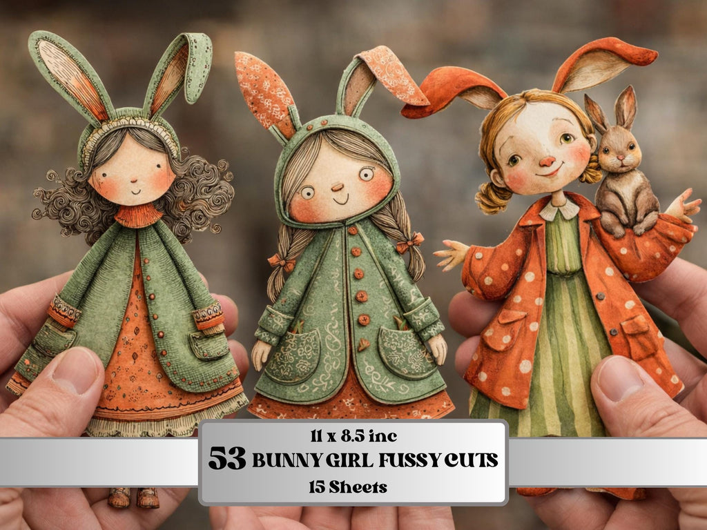 Whimsical Bunny Girl Fussy Cut Bundle, 53 Spring Bunny Girls, Pastel Ephemera for Junk Journal Scrapbook Sheets