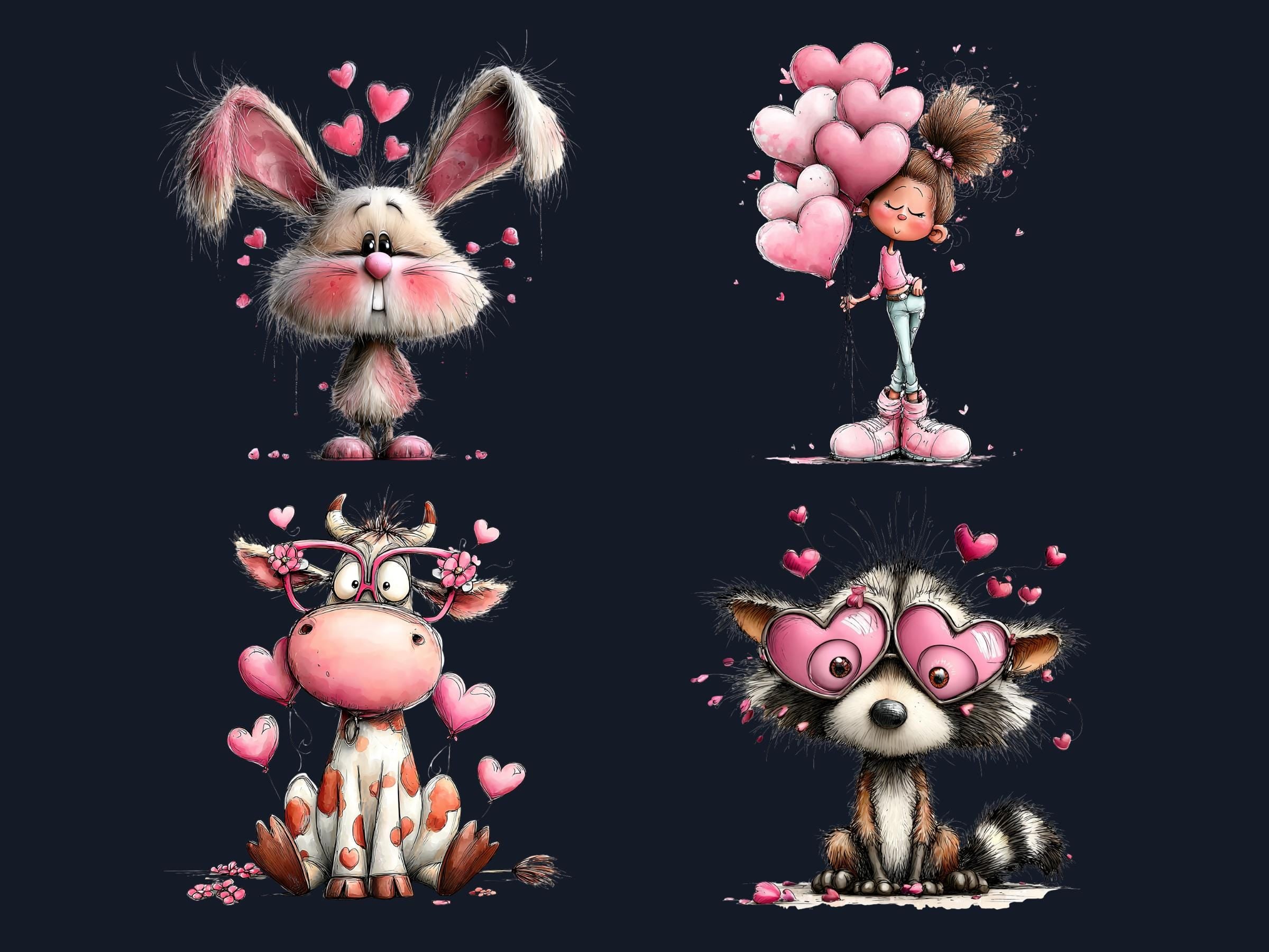 Quirky Valentines Day Clipart: Whimsical Pink Love Wonderland PNG Bundle (Digital Download)