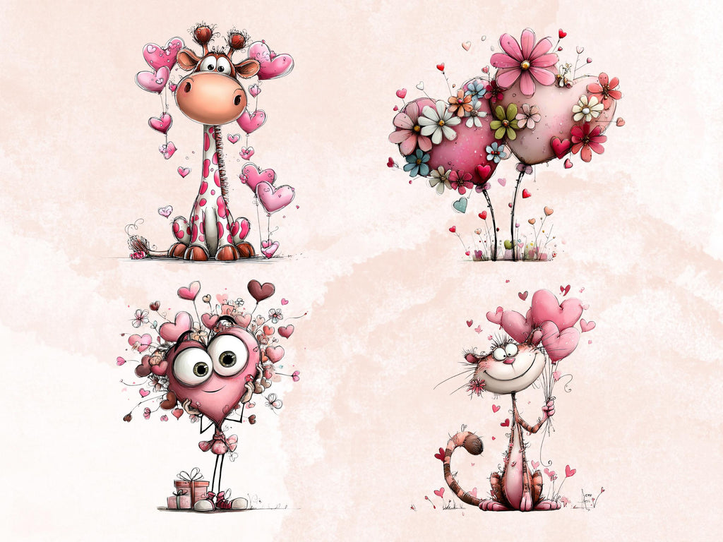 Quirky Valentines Day Clipart: Whimsical Pink Love Wonderland PNG Bundle (Digital Download)