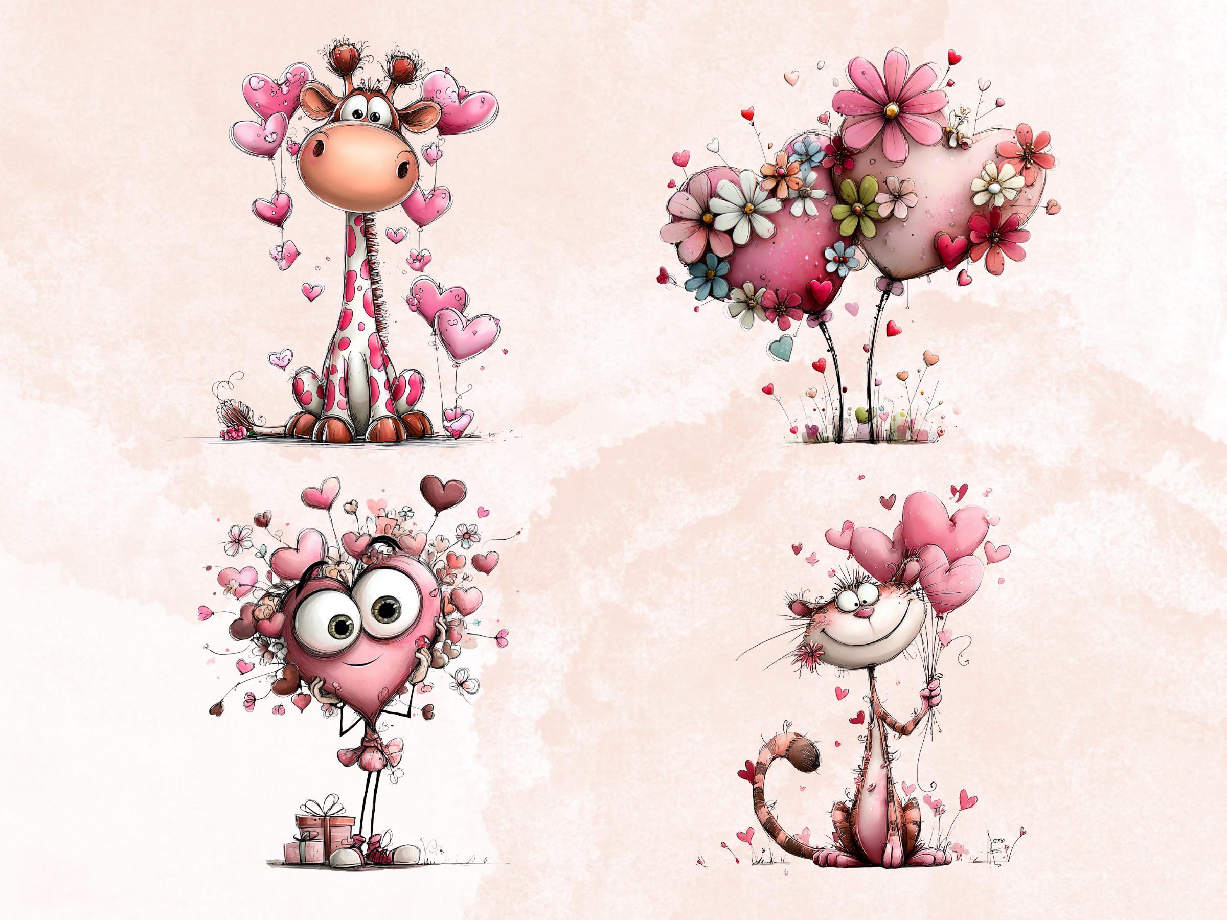 Quirky Valentines Day Clipart: Whimsical Pink Love Wonderland PNG Bundle (Digital Download)