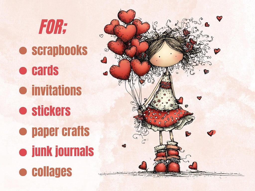 Quirky Valentines Day Clipart: Whimsical Red Love PNG Bundle (Commercial Use)
