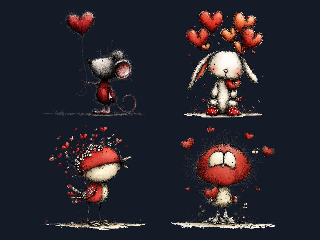 Quirky Valentines Day Clipart: Whimsical Red Love PNG Bundle (Commercial Use)