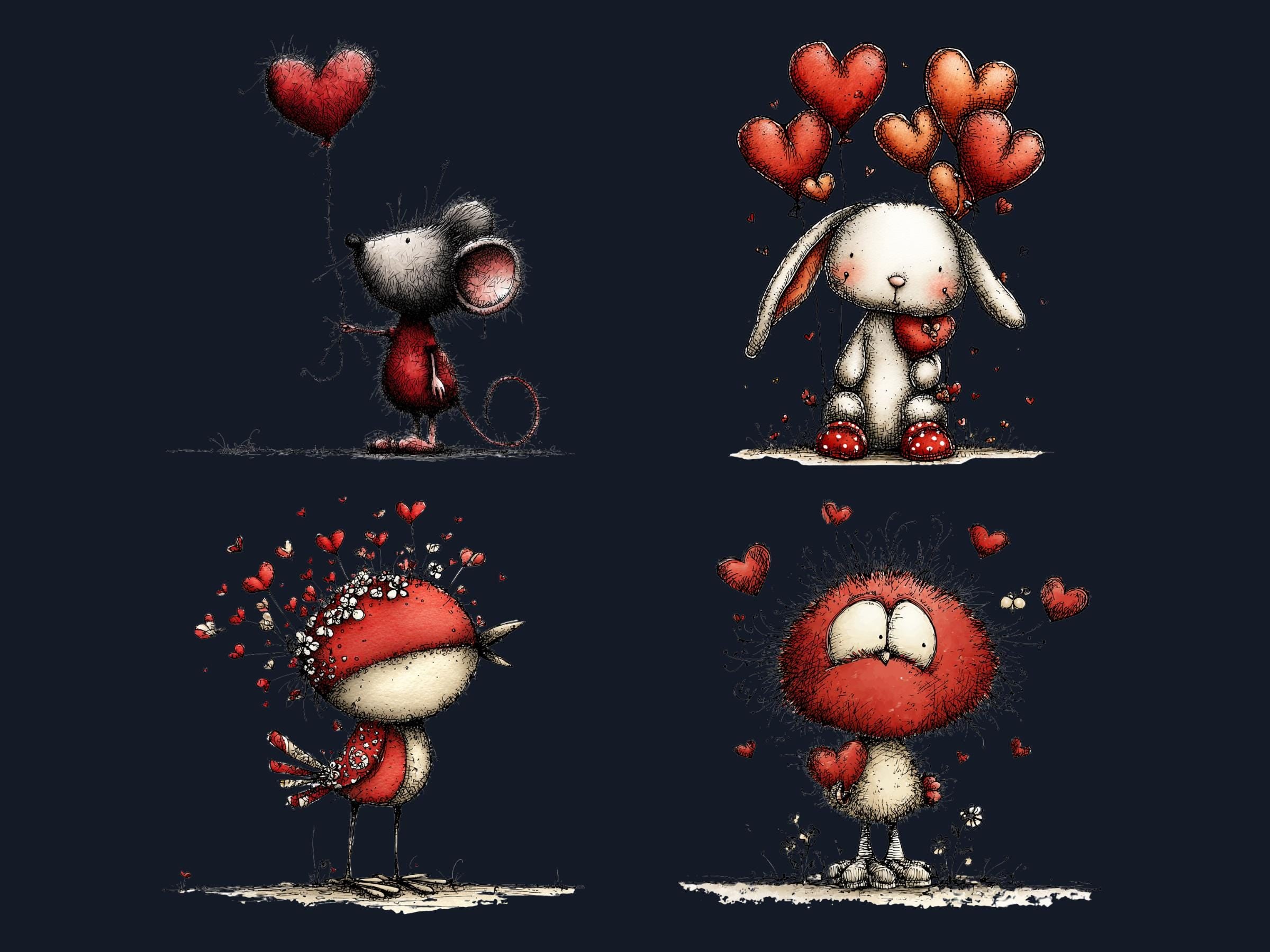 Quirky Valentines Day Clipart: Whimsical Red Love PNG Bundle (Commercial Use)