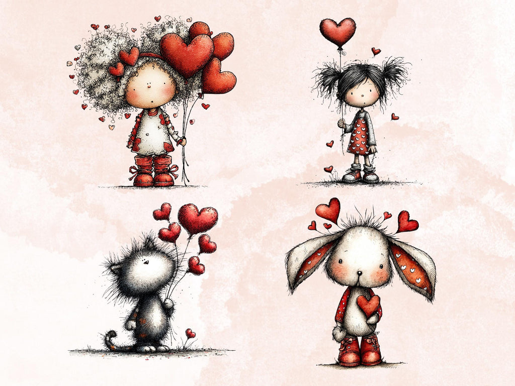 Quirky Valentines Day Clipart: Whimsical Red Love PNG Bundle (Commercial Use)