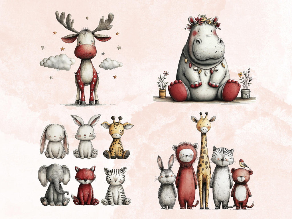 Quirky Nursery Clipart: Boho Whimsical Animals PNG Bundle (Digital Download), Commercial Use