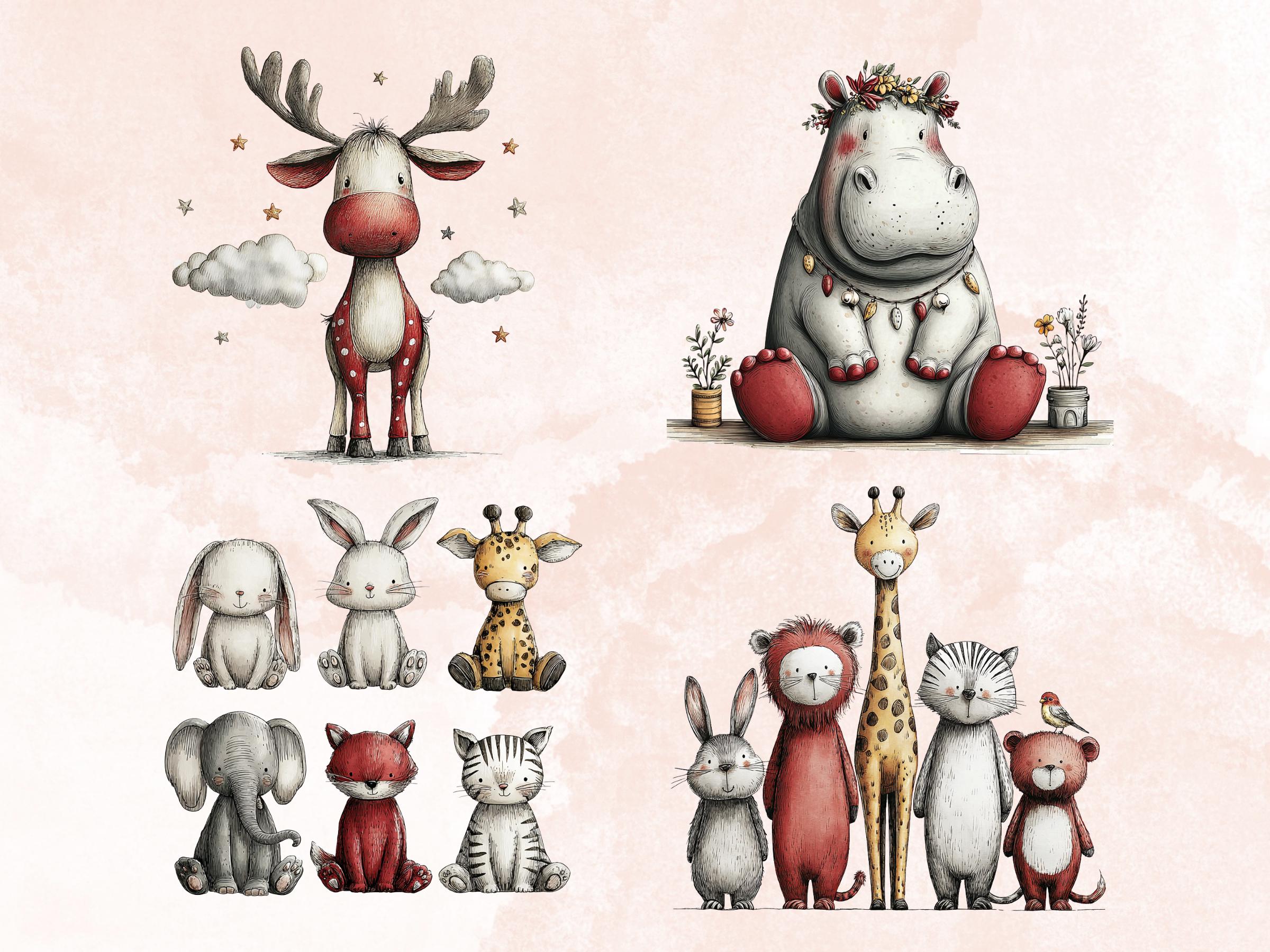Quirky Nursery Clipart: Boho Whimsical Animals PNG Bundle (Digital Download), Commercial Use