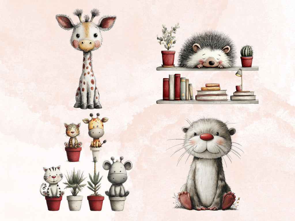 Quirky Nursery Clipart: Boho Whimsical Animals PNG Bundle (Digital Download), Commercial Use