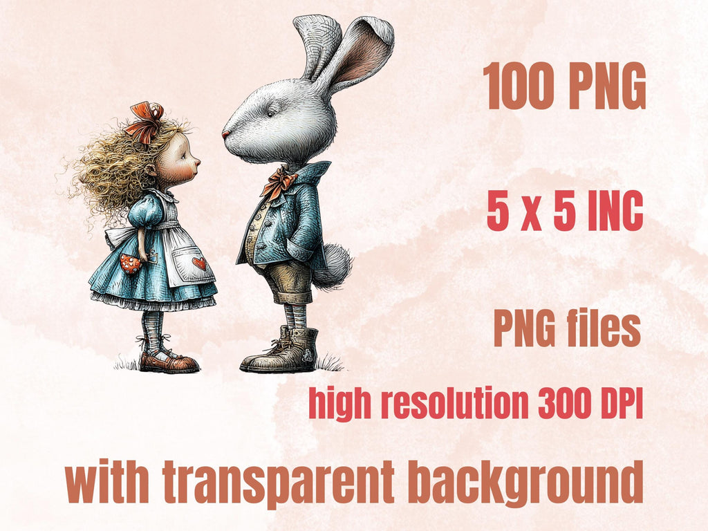 Quirky Alice in Wonderland Clipart: Whimsical Tea Party PNG Bundle, Fairytale Ephemera Digital Download, Commercial Use